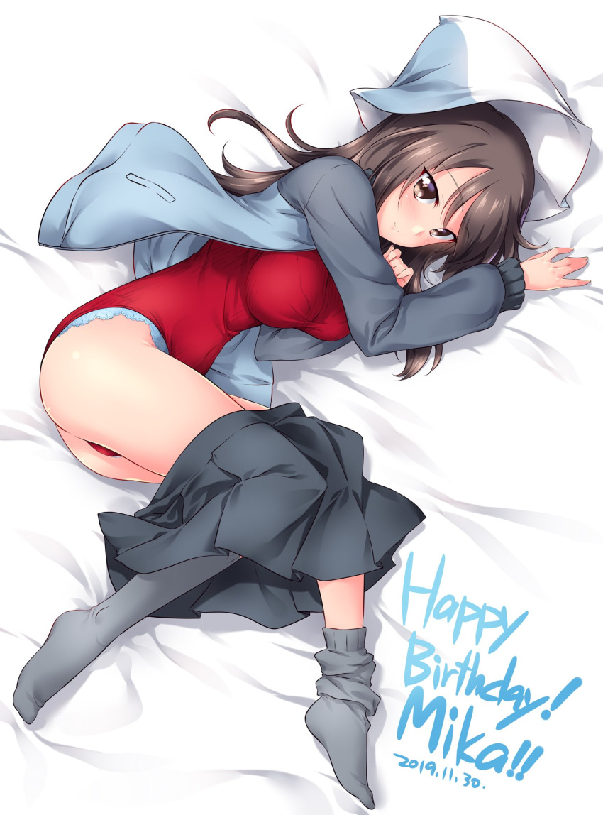 1girl ass bed birthday blush breasts brown_eyes brown_hair closed_mouth dated girls_und_panzer grey_skirt happy_birthday hat highres jacket keizoku_military_uniform kuzuryuu_kennosuke large_breasts leotard long_hair looking_at_viewer lying mika_(girls_und_panzer) on_bed on_side open_clothes open_jacket red_leotard shiny shiny_hair shiny_skin skirt skirt_pull smile solo striped_hat