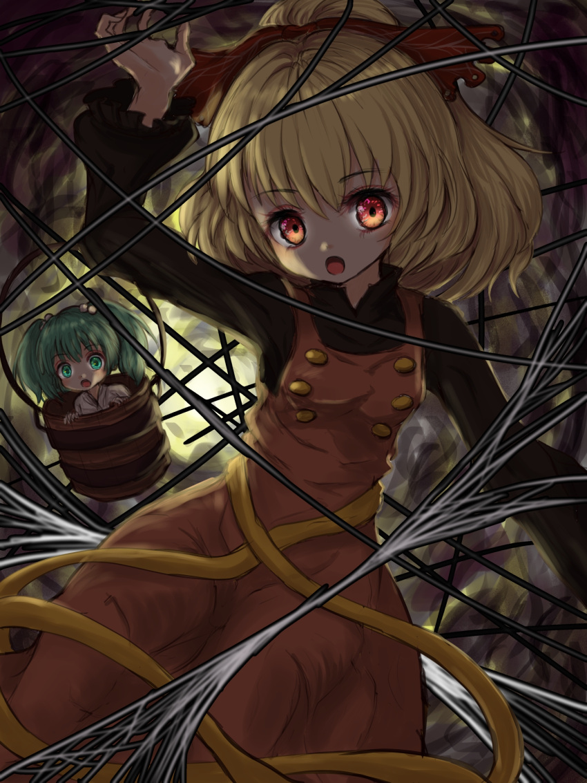 2girls black_sleeves blonde_hair bucket buttons cave dress green_eyes green_hair highres in_bucket in_container kayon_(touzoku) kisume kurodani_yamame long_sleeves multiple_girls open_mouth red_eyes silk spider_web touhou