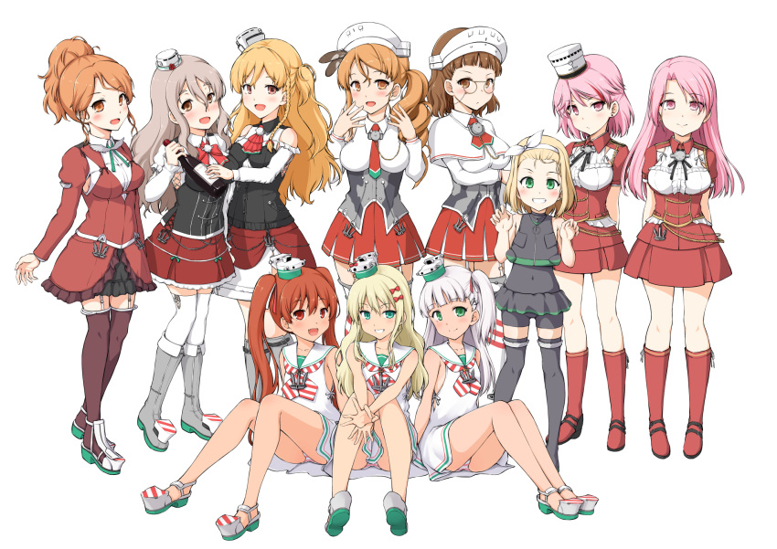 6+girls anchor aquila_(kantai_collection) armpit_cutout bare_shoulders black_skirt blonde_hair blue_eyes blush boots bottle bow braid breasts brown_eyes brown_hair capelet closed_mouth corset detached_sleeves dress eyebrows_visible_through_hair french_braid garter_straps giuseppe_garibaldi_(kantai_collection) glasses grecale_(kantai_collection) green_eyes green_ribbon grey_hair hair_between_eyes hair_bow hair_ornament hair_ribbon hairband hairclip hat headdress high_ponytail highres italia_(kantai_collection) jacket kantai_collection large_breasts layered_skirt libeccio_(kantai_collection) littorio_(kantai_collection) long_hair long_sleeves looking_at_viewer luigi_di_savoia_duca_degli_abruzzi_(kantai_collection) luigi_torelli_(kantai_collection) maestrale_(kantai_collection) medium_breasts medium_hair mini_hat miniskirt multiple_girls necktie one-piece_swimsuit open_mouth orange_hair panties pince-nez pink_eyes pink_hair pleated_skirt pola_(kantai_collection) red_footwear red_shirt red_skirt remodel_(kantai_collection) ribbon roma_(kantai_collection) sailor_collar sailor_dress school_swimsuit shirt short_hair short_sleeves sidelocks silver_hair simple_background skirt sleeveless sleeveless_dress sleeveless_shirt smile standing striped striped_neckwear swimsuit thigh-highs twintails underwear wavy_hair white_background white_dress white_hairband white_headwear white_legwear white_ribbon white_sailor_collar white_shirt wine_bottle yellow_eyes yuuki_kazuhito zara_(kantai_collection)