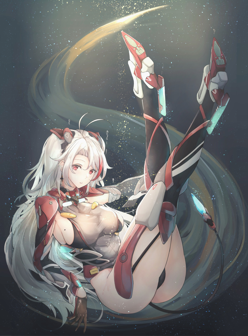 1girl absurdres antenna_hair armpit_cutout azur_lane blush bodysuit boots breasts bubble cross cross_earrings earrings eyebrows_visible_through_hair full_body garter_straps gloves glowing hair_between_eyes headgear high_heels highres jewelry large_breasts legs_up leotard light_particles long_hair long_sleeves looking_at_viewer mole mole_on_breast multicolored_hair open_mouth parted_lips prinz_eugen_(azur_lane) reclining red_eyes redhead rudder_footwear sideboob silver_hair solo streaked_hair tail thigh-highs thigh_boots thighs two_side_up underwater very_long_hair white_background wide_sleeves yusha_(m-gata)
