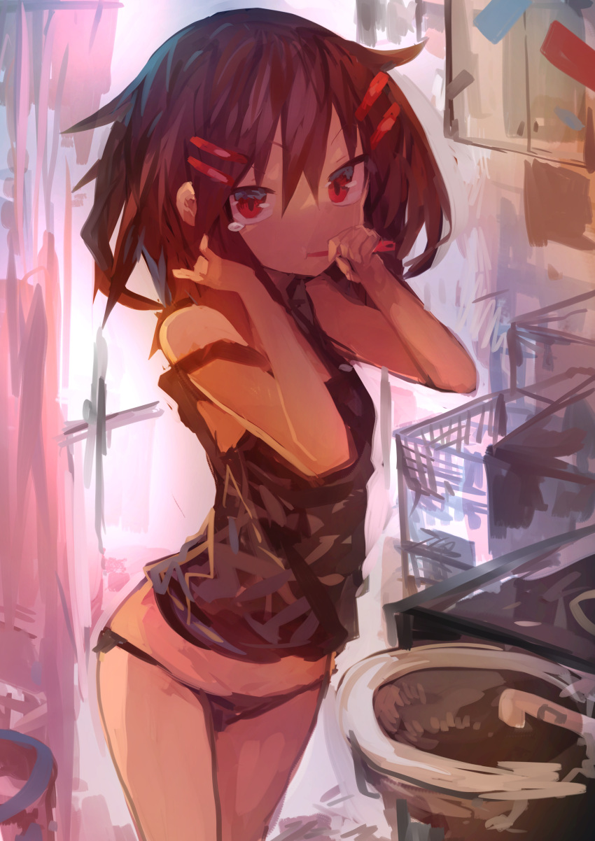 1girl absurdres bathroom black_panties black_tank_top brown_eyes brown_hair brushing_teeth hair_ornament hairclip highres ikazuchi_(kantai_collection) kaamin_(mariarose753) kantai_collection off_shoulder panties short_hair sink solo tank_top tears toothbrush underwear