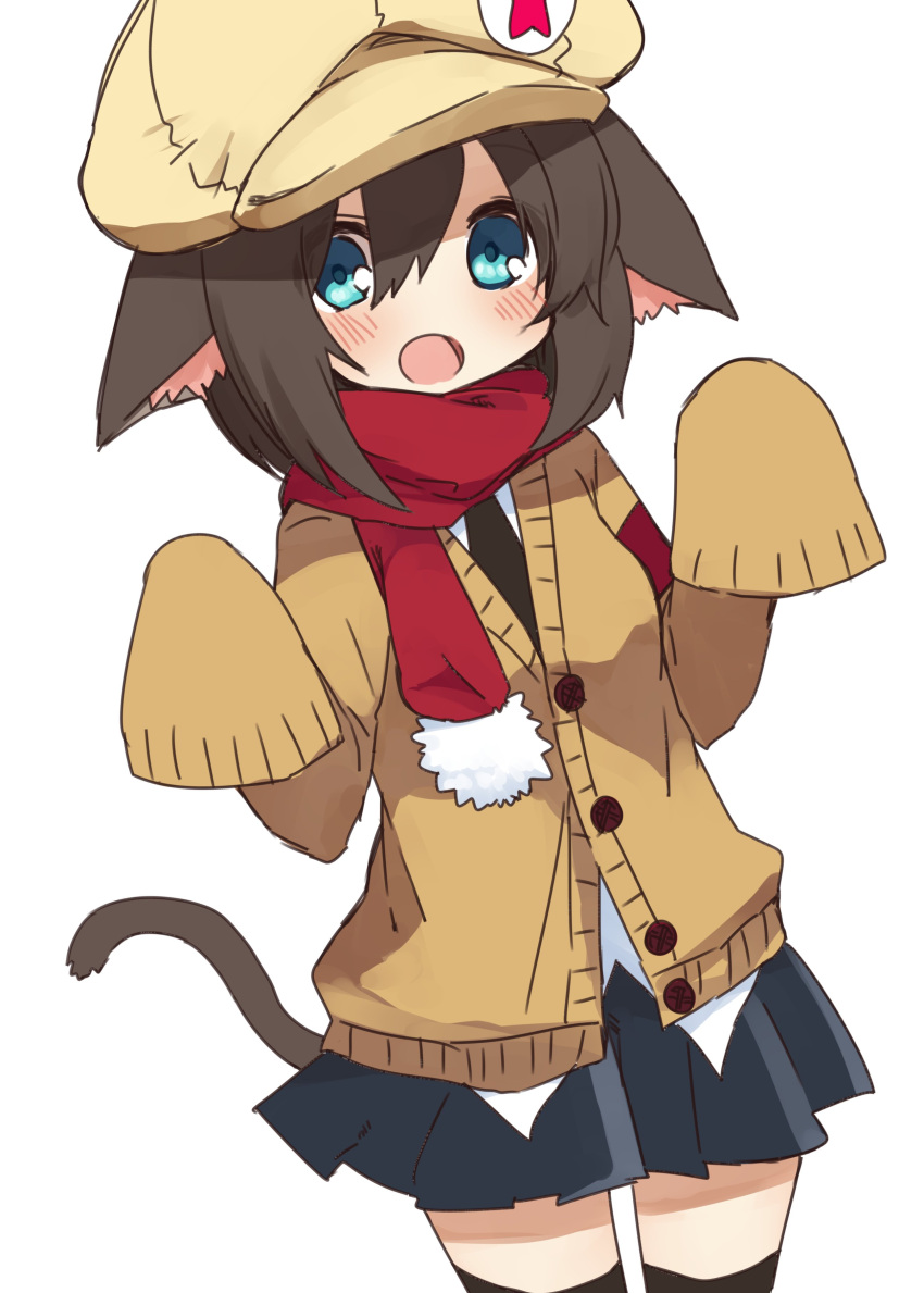 1girl :o absurdres animal_ears black_neckwear blouse brown_hair cabbie_hat cardigan cat_ears cowboy_shot dorothy_(pan_koujou) dutch_angle emblem green_eyes hat highres looking_at_viewer miniskirt navy_blue_skirt neckerchief open_mouth original oversized_clothes pan_koujou partially_unbuttoned pleated_skirt red_scarf scarf short_hair simple_background skirt sleeves_past_fingers sleeves_past_wrists solo standing sweater white_background white_blouse yellow_headwear yellow_sweater