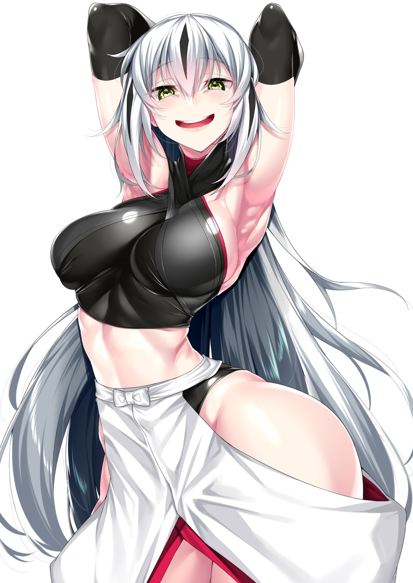 1girl :d absurdres armpits arms_behind_head black_hair criss-cross_halter elbow_gloves fate/grand_order fate_(series) gloves halterneck highres hip_vent japanese_clothes long_hair midriff multicolored_hair nagao_kagetora_(fate) open_mouth simple_background smile solo two-tone_hair very_long_hair watosu_(watosu_mama) white_background white_hair yellow_eyes