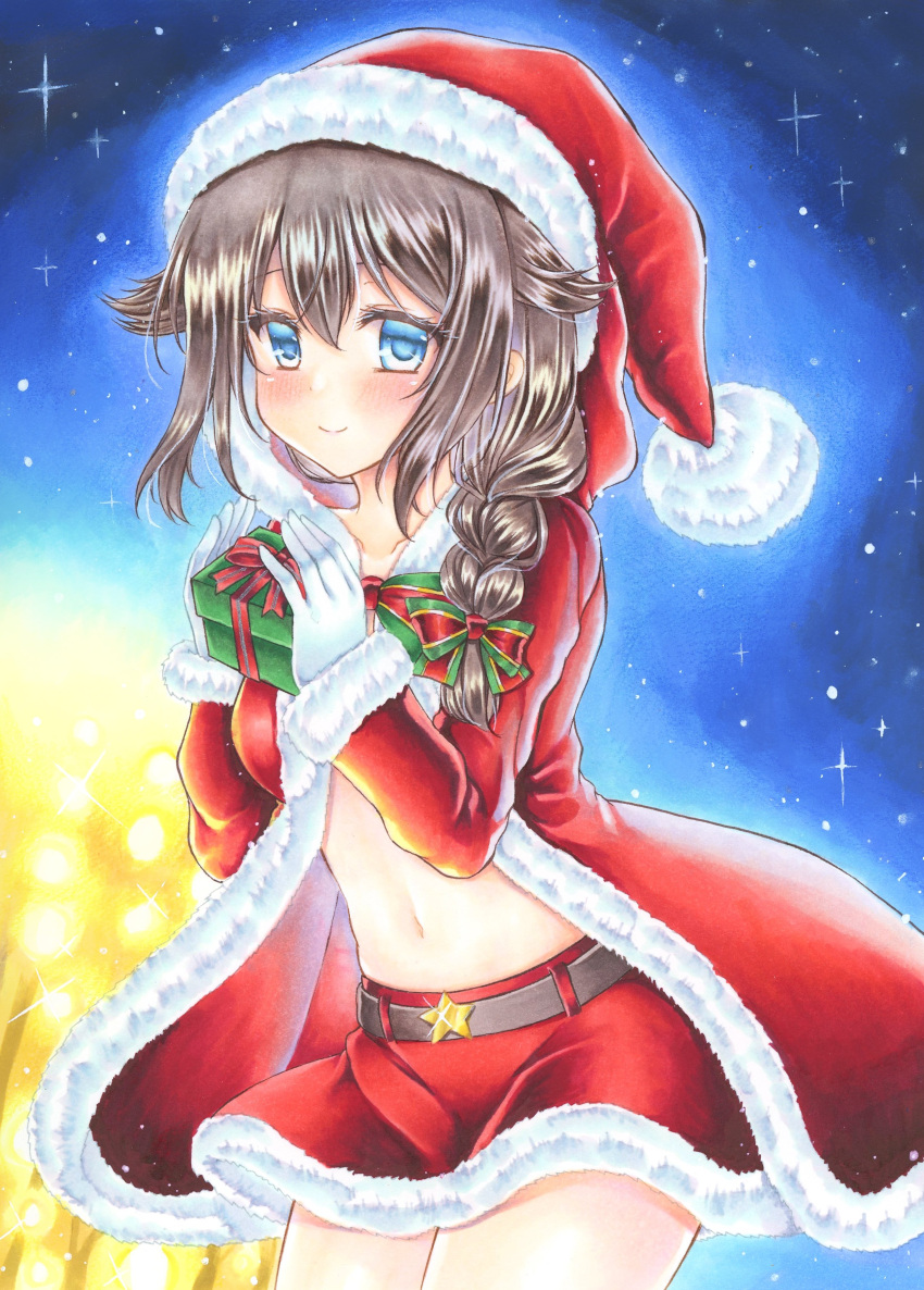 1girl absurdres bangs belt blue_eyes blush braid breasts brown_hair coat collarbone commentary_request eyebrows_visible_through_hair fur_coat fur_trim gift gloves graphite_(medium) hair_between_eyes hair_flaps hair_ribbon hat highres holding holding_gift kantai_collection long_sleeves looking_at_viewer medium_breasts navel nekofish666 red_coat red_headwear red_skirt remodel_(kantai_collection) ribbon santa_hat shigure_(kantai_collection) side_braid skirt smile solo star traditional_media white_gloves