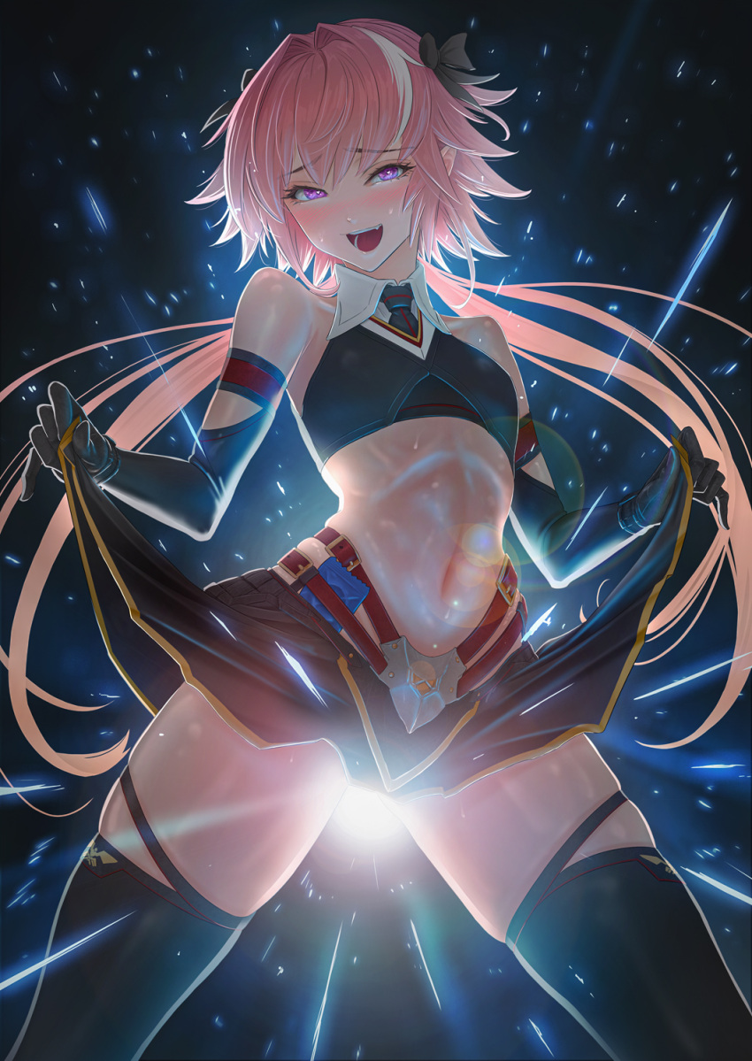 1boy :d astolfo_(saber)_(fate) bare_shoulders blush bow elbow_gloves fate/grand_order fate_(series) gloves glowing hair_bow highres imizu_(nitro_unknown) long_hair midriff navel necktie open_mouth otoko_no_ko pink_hair skindentation skirt skirt_lift smile solo strapless thigh-highs thighs tubetop twintails violet_eyes zettai_ryouiki
