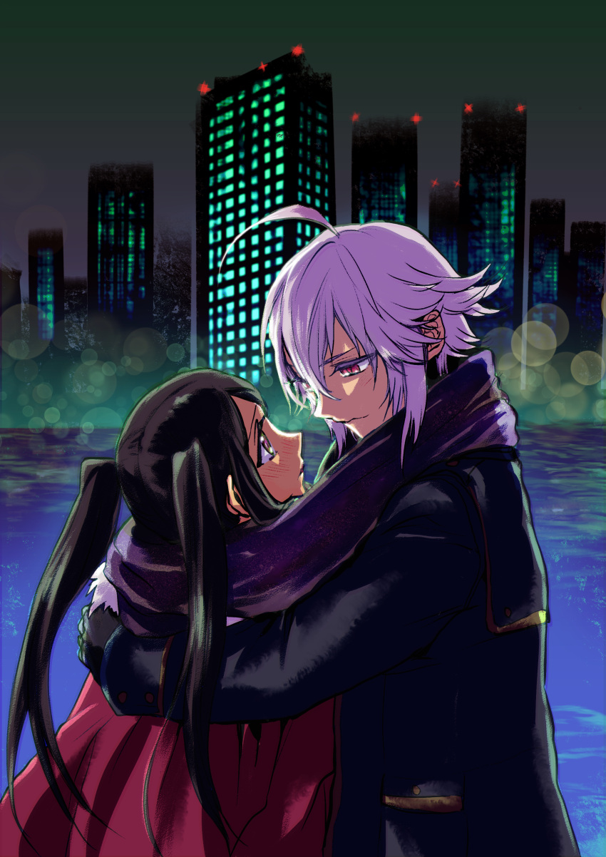 2girls absurdres ahoge city_lights cityscape commentary_request dana_zane highres hug jacket jill_stingray looking_at_another mugitarou multiple_girls purple_hair scarf shared_scarf twintails va-11_hall-a white_hair yuri