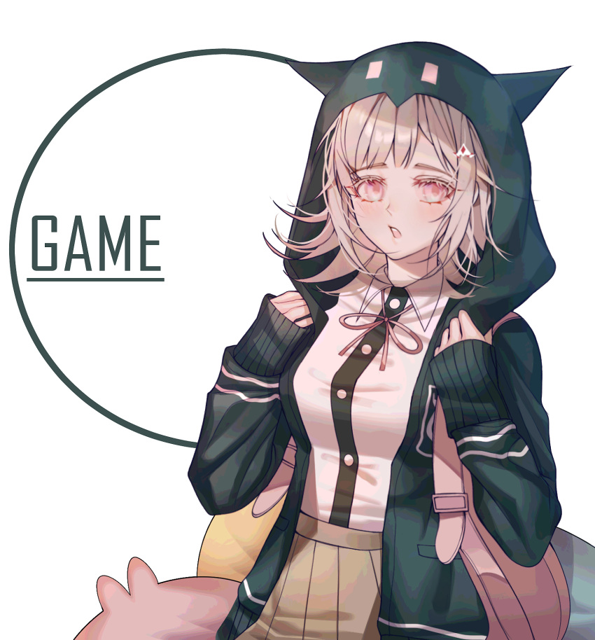 1girl backpack bag black_jacket breasts commentary cym23730 dangan_ronpa english_text flipped_hair hair_ornament hairclip highres hood hoodie jacket looking_at_viewer medium_breasts medium_hair nanami_chiaki pink_eyes pink_hair pink_ribbon ribbon shirt skirt sleeves_past_wrists solo super_dangan_ronpa_2 white_shirt