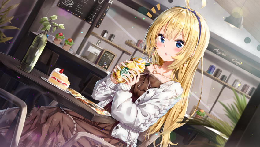 1girl :o ahoge aogiri_koukou_game_club bangs blonde_hair blue_eyes blurry blurry_foreground blush brown_dress cake chair commentary cup depth_of_field disposable_cup dress drinking_straw dutch_angle eyebrows_visible_through_hair flower food food_on_face hair_between_eyes hairband highres holding holding_cup indoors jacket kuria_(clear_trip_second) long_hair long_sleeves looking_at_viewer magazine minazuki_natsuki notice_lines on_chair open_clothes open_jacket parted_lips plant potted_plant purple_hairband red_flower red_rose rose sitting sleeves_past_wrists slice_of_cake solo symbol_commentary table very_long_hair virtual_youtuber white_jacket