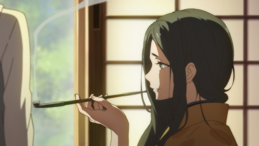 1girl green_eyes green_hair highres holding holding_pipe japanese_clothes kimono kyoukai_no_kanata light_smile long_hair pipe pipe_in_mouth screen_door screencap shindou_ayaka smoke smoking