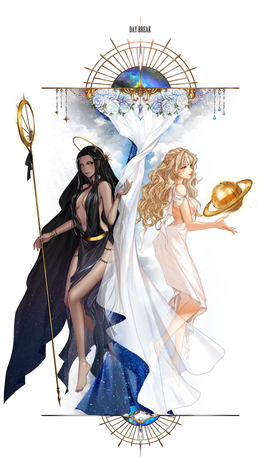 2girls absurdres armillary_sphere backless_dress backless_outfit bare_shoulders barefoot beads black_dress black_hair blonde_hair blue_sky bracelet breasts center_opening chain closed_mouth commentary_request crystal curtains dark_skin day_and_night dress earrings english_text floating flower full_body gem goddess half_updo halo head_chain highres holding holding_staff jewelry large_breasts long_hair looking_at_viewer medium_breasts mosaic multiple_girls navel necklace original parted_lips pelvic_curtain rose see-through shoulder_cutout sideboob sky sleeveless sleeveless_dress smile staff starry_sky_print veil white_dress white_flower white_rose yellow_eyes yr_(jwuly)