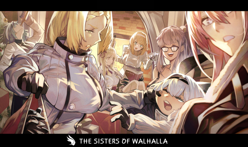6+girls absurdres blonde_hair blue_eyes blue_hair book bottle box breasts cheek_pull christmas closed_eyes drinking english_commentary gift gift_box glasses green_eyes gs-10_sandman gyudong123 highres large_breasts last_origin leona_of_blood_&amp;_iron multiple_girls necktie pink_hair silver_hair t-10_nymph t-12_cailleach_bheur t-13_alvis t-8w_valkyrie t-9_gremlin tears white_hair