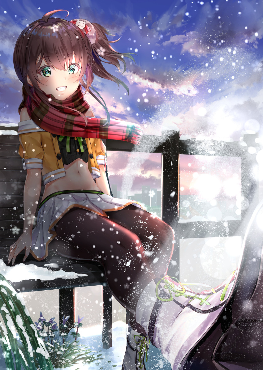 1girl absurdres ahoge bench blurry blurry_background boots brown_hair commentary_request fence hair_ornament highres hololive looking_at_viewer midriff natsuiro_matsuri navel pantyhose plant scarf side_ponytail sky snowing solo toratora_(nanahaba) virtual_youtuber