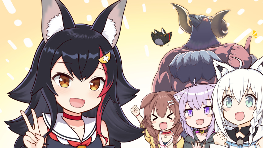 &gt;_&lt; 4girls :3 :d ^_^ ahoge animal_ear_fluff animal_ears animal_head aqua_eyes aqua_neckwear bangs bird black_hair black_hoodie blush blush_stickers bone_hair_ornament braid brown_hair cat_ears cat_girl chest_hair choker clapping clenched_hand clenched_hands closed_eyes collar collarbone commentary_request curled_horns dog_collar dog_girl eyebrows_visible_through_hair fang fox_ears fox_girl hatotaur highres hololive hood hood_down hoodie inugami_korone jacket kouhaku_nawa long_hair looking_at_viewer low_twin_braids multicolored_hair multiple_girls neckerchief nekomata_okayu off-shoulder_jacket ookami_mio open_clothes open_jacket open_mouth patyu3 purple_hair red_choker redhead sailor_collar shirakami_fubuki sidelocks single_braid skin_fang sleeveless smile streaked_hair thumbs_up upper_body v violet_eyes virtual_youtuber white_hair wolf_ears wristband yellow_background yellow_eyes yellow_jacket