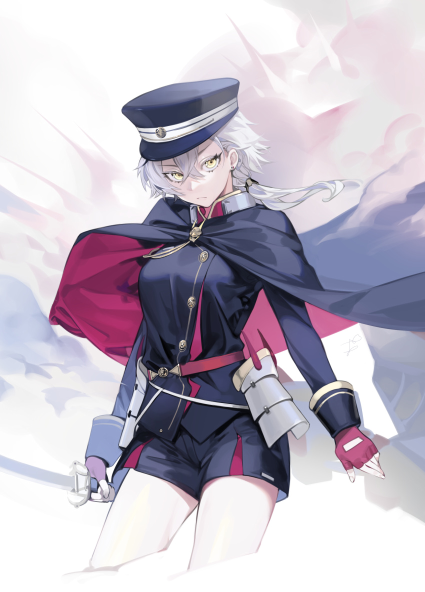 1girl absurdres azur_lane bangs black_headwear black_jacket black_shorts breasts cape expressionless fingerless_gloves floating_hair gloves grey_hair hair_ornament hat highres holding holding_sword holding_weapon jacket looking_at_viewer medium_breasts medium_hair multicolored multicolored_cape multicolored_clothes ohisashiburi red_cape shorts sidelocks solo sword thighs uniform weapon wind yellow_eyes