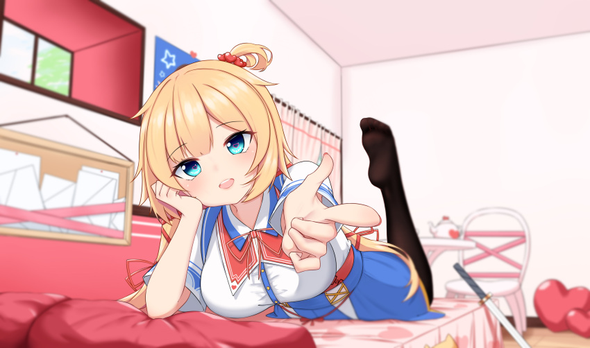 1girl absurdres akai_haato anhun arm_support bangs bedroom black_legwear blonde_hair blue_eyes blue_skirt blurry breasts chair collared_shirt curtains depth_of_field finger_gun foreshortening haaton_(haato_channel) hair_ornament hair_ribbon hair_scrunchie head_tilt heart heart_in_eye heart_pillow heart_print high-waist_skirt highres hololive indoors katana large_breasts long_hair looking_at_viewer low_twintails lying neck_ribbon no_shoes on_bed on_stomach one_side_up open_mouth pantyhose pillow pointing pointing_at_viewer pov red_ribbon ribbon scrunchie shirt sidelocks skirt smile soles solo stuffed_animal stuffed_toy sword symbol_commentary symbol_in_eye table teapot the_pose twintails upper_teeth virtual_youtuber weapon white_shirt window