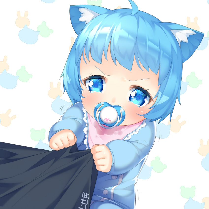 1girl ahoge animal_ear_fluff animal_ears animare baby bangs bib blue_eyes blue_hair highres kokka_han long_sleeves mouth_hold onesie pacifier simple_background sleeves_past_wrists solo souya_ichika tears v-shaped_eyebrows virtual_youtuber white_background younger