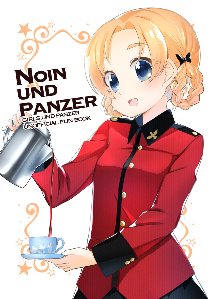 1girl bangs black_bow black_skirt blue_eyes bow braid commentary_request copyright_name cover cover_page cup doujin_cover english_text epaulettes girls_und_panzer hair_bow highres holding holding_saucer holding_teapot jacket long_sleeves looking_at_viewer military military_uniform open_mouth orange_hair orange_pekoe parted_bangs pouring red_jacket saucer short_hair skirt smile solo st._gloriana's_military_uniform standing teacup teapot tied_hair toon_(noin) twin_braids uniform white_background