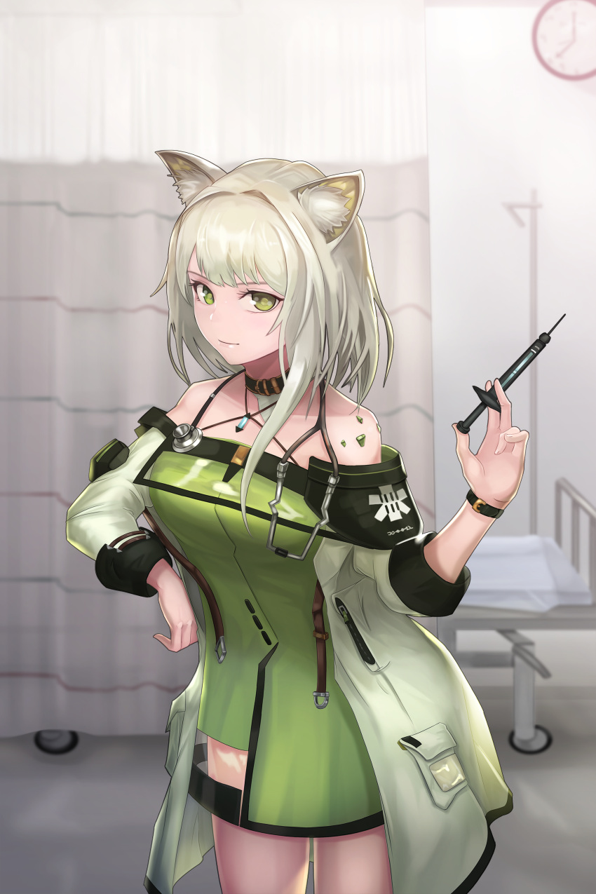 1girl absurdres animal_ear_fluss animal_ears arknights bangs bare_shoulders beige_jacket breasts cat_ears collarbone commentary dress green_dress green_eyes highres holding holding_syringe kal'tsit large_breasts long_sleeves looking_at_viewer nayamer smile solo syringe