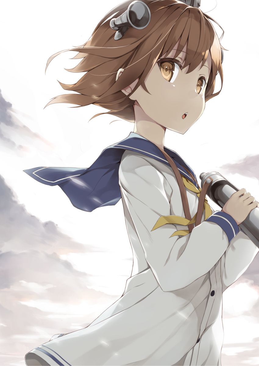 1girl binoculars blue_sailor_collar brown_eyes brown_hair buttons dress highres holding holding_binoculars kantai_collection long_sleeves neckerchief open_mouth sailor_collar sailor_dress sakimiya_mafu short_hair solo white_dress yellow_neckwear yukikaze_(kantai_collection)