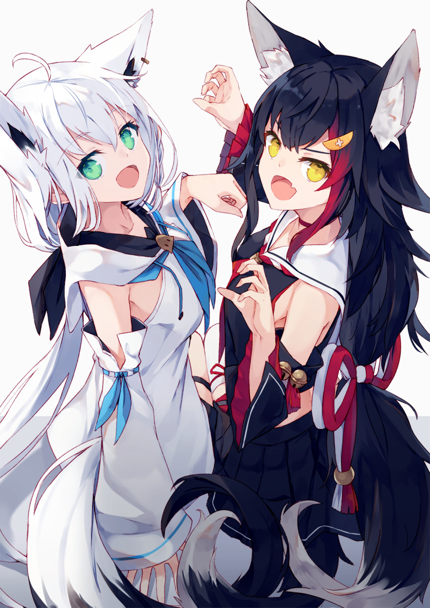 2girls :d ahoge animal_ears bangs bare_shoulders bell black_hair black_shirt black_skirt black_sleeves blue_neckwear claw_pose commentary_request detached_sleeves eyebrows_visible_through_hair fang fox_ears fox_girl fox_tail green_eyes hair_between_eyes hair_ornament highres hololive jingle_bell long_hair long_sleeves looking_at_viewer low-tied_long_hair multicolored_hair multiple_girls nagishiro_mito neckerchief ookami_mio open_mouth pleated_skirt red_neckwear redhead sailor_collar shirakami_fubuki shirt simple_background skirt sleeveless sleeveless_shirt sleeves_past_wrists smile streaked_hair tail very_long_hair virtual_youtuber white_background white_hair white_sailor_collar white_shirt white_sleeves wide_sleeves wolf_ears wolf_girl wolf_tail yellow_eyes