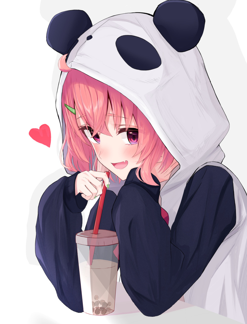 1girl absurdres animal_costume animal_ears bangs blush bubble_tea commentary_request eyebrows_visible_through_hair fake_animal_ears hair_ornament hairclip heart highres holding_drinking_straw hood hood_up keichan_(user_afpk7473) looking_at_viewer nijisanji panda_costume pink_hair sasaki_saku simple_background smile solo virtual_youtuber white_background