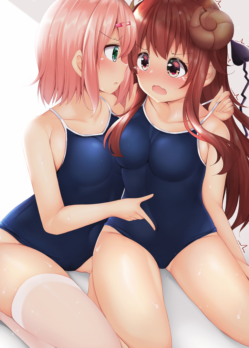 2girls bangs bare_arms bare_shoulders blue_swimsuit blush breasts brown_eyes brown_hair chiyoda_momo collarbone commentary_request covered_navel curled_horns demon_girl demon_horns demon_tail eye_contact eyebrows_visible_through_hair fang green_eyes hair_ornament hairclip highres horns lifted_by_another long_hair looking_at_another machikado_mazoku medium_breasts minato_(ojitan_gozaru) multiple_girls one-piece_swimsuit open_mouth parted_lips pink_hair profile school_swimsuit small_breasts strap_slip swimsuit tail thigh-highs v-shaped_eyebrows very_long_hair white_legwear yoshida_yuuko_(machikado_mazoku)
