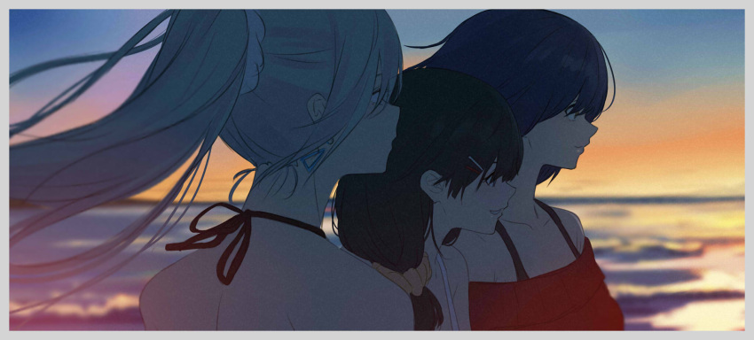 3girls back black_hair blue_hair blush closed_mouth commentary floating_hair from_behind from_side grin hair_ornament hair_scrunchie hairclip halterneck hawaii highres higuchi_kaede isshiki_(ffmania7) lips long_hair looking_afar mole mole_under_eye multiple_girls nijisanji ocean off_shoulder orange_sky outdoors ponytail red_sweater scrunchie shizuka_rin short_hair silver_hair sky smile sunset sweater tsukino_mito upper_body very_long_hair violet_eyes virtual_youtuber wind