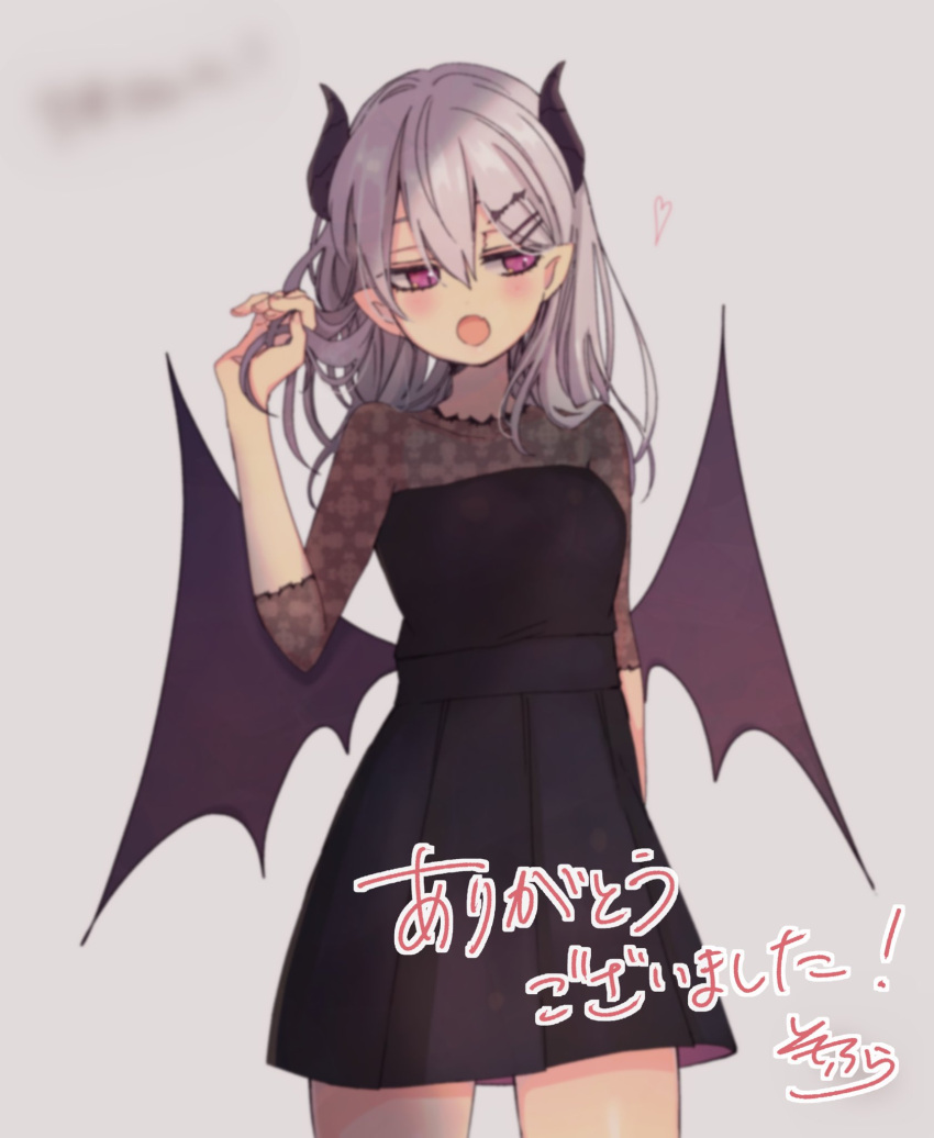 1girl :o bangs black_dress black_wings blurry blush breasts brown_shirt commentary_request cowboy_shot curled_horns demon_girl demon_horns demon_wings dress eyebrows_visible_through_hair fang grey_background grey_hair hair_between_eyes hair_ornament hairclip hand_in_hair hand_up heart highres horns long_hair low_wings open_mouth original pleated_dress pointy_ears see-through shirt signature small_breasts sofra solo strapless strapless_dress translated violet_eyes wings