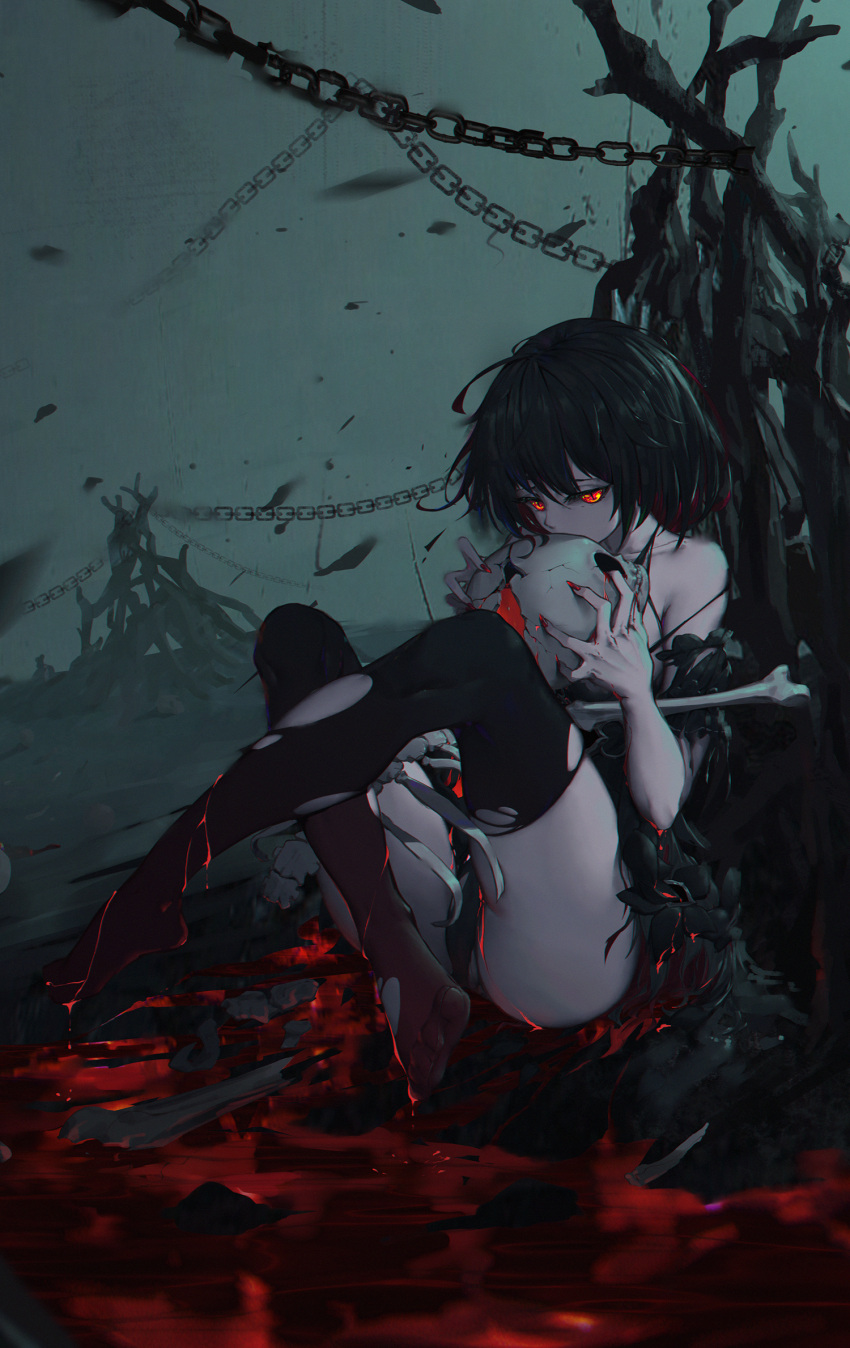 1girl ahoge asa_ni_haru bangs bare_shoulders black_dress black_hair black_legwear blood chain covered_mouth crossed_legs dark_persona detached_sleeves dress full_body hair_between_eyes highres holding holding_skull honkai_(series) honkai_impact_3rd looking_at_viewer orange_eyes outdoors red_nails redhead seele_vollerei short_hair sidelocks sitting skeleton solo thigh-highs torn_clothes torn_legwear tsurime wind