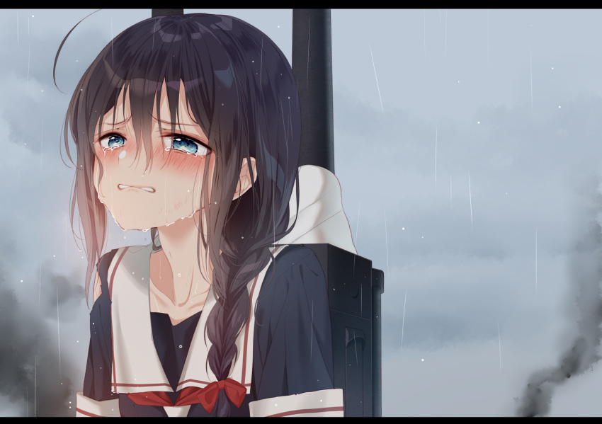 1girl ahoge black_serafuku blue_eyes blush braid brown_hair collarbone crying crying_with_eyes_open eyebrows_visible_through_hair hair_over_shoulder hair_ribbon kantai_collection messy_hair naoto_(tulip) rain ribbon rigging sad school_uniform serafuku shigure_(kantai_collection) smoke tears wet