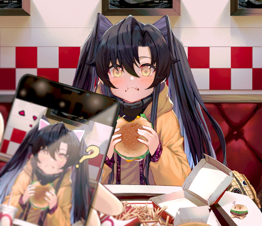 1girl ? animal_ears black_hair blush cat_ears cellphone cellphone_picture eating face_filter fast_food food food_on_face french_fries hamburger long_hair looking_at_viewer original phone pov pov_across_table restaurant solo_focus soya_(torga) spoken_question_mark yellow_eyes