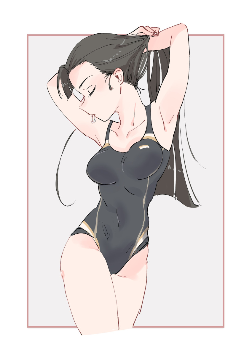 1girl aaru_(kerogero1582) absurdres adjusting_hair asymmetrical_bangs bangs black_hair black_swimsuit border breasts brown_border brown_eyes closed_eyes closed_mouth commentary covered_navel cropped_legs facing_back girls_und_panzer hair_tie_in_mouth hands_in_hair highres long_hair medium_breasts mouth_hold nishi_kinuyo one-piece_swimsuit solo standing swimsuit