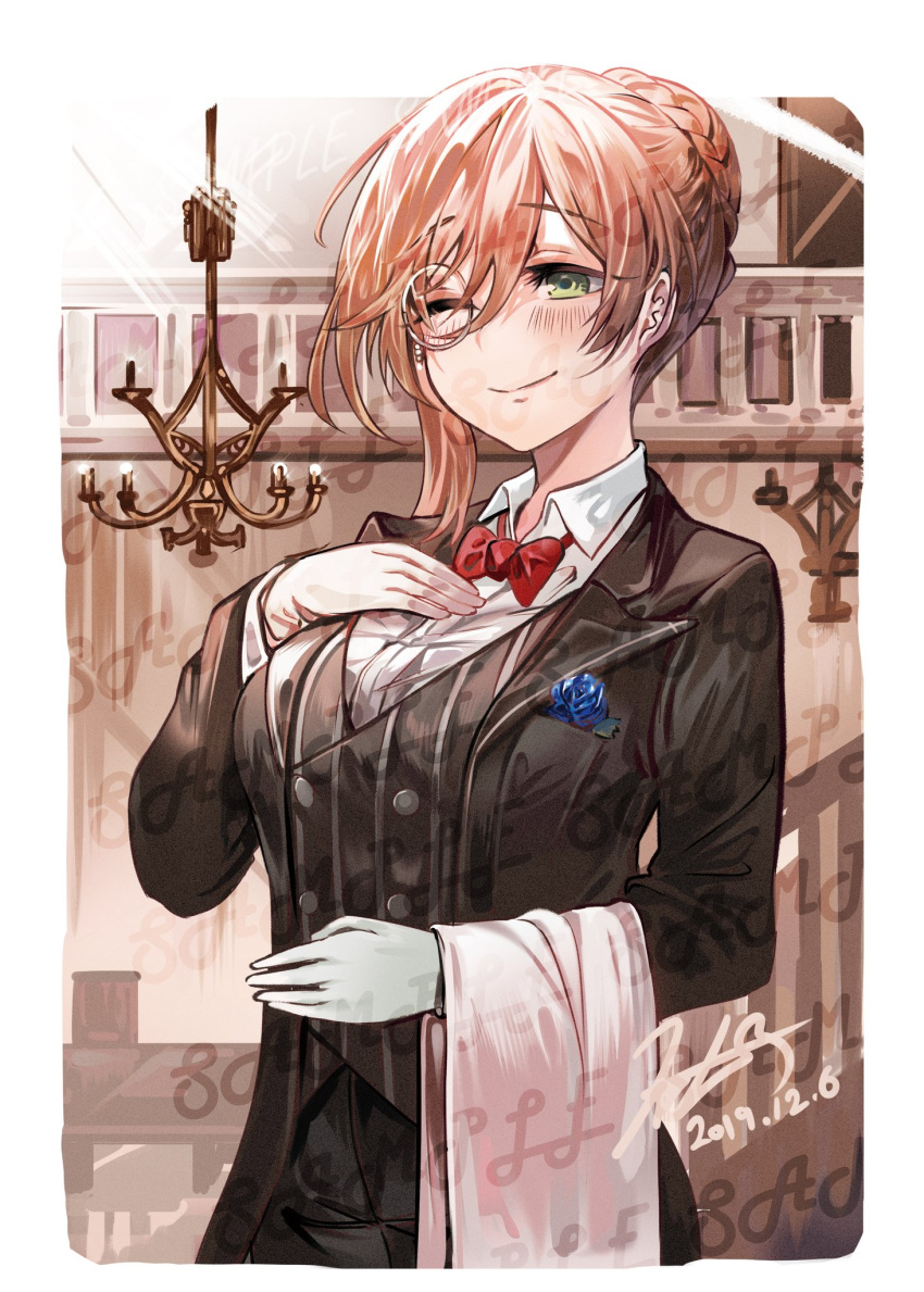 1girl alternate_costume alternate_hairstyle bow bowtie brown_hair butler commentary cosplay costume_switch dated formal g36_(girls_frontline) g36_(girls_frontline)_(cosplay) girls_frontline green_eyes highres m1903_springfield_(girls_frontline) monocle one_eye_closed smile snowru solo suit towel