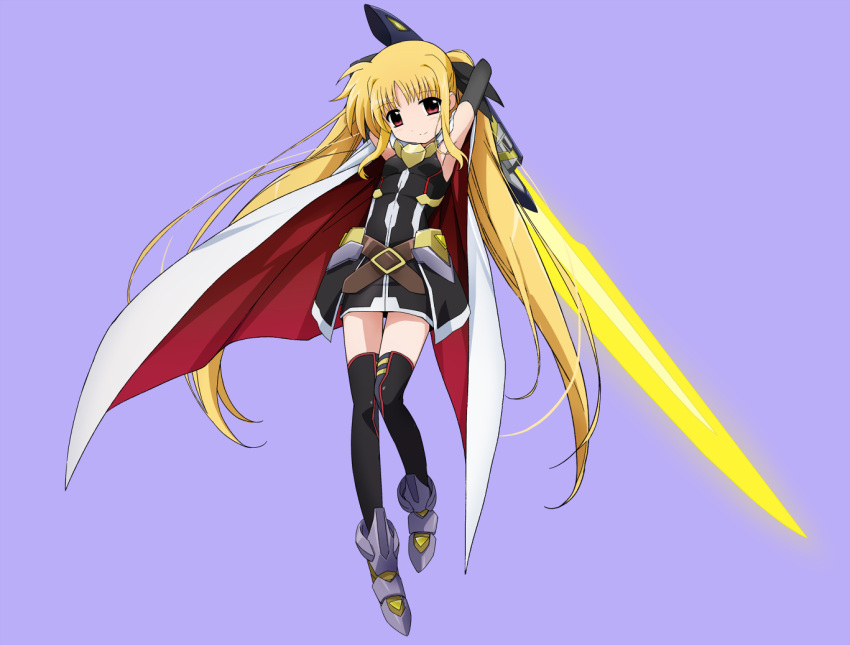 1girl armpits arms_up bangs bardiche belt black_dress black_gloves black_legwear black_ribbon blonde_hair blue_background brown_belt cape closed_mouth commentary_request dress energy_sword eyebrows_visible_through_hair fate_testarossa full_body gloves greaves grey_footwear hair_ribbon head_tilt holding holding_sword holding_weapon kirara-sakura long_hair looking_at_viewer lyrical_nanoha magical_girl mahou_shoujo_lyrical_nanoha mahou_shoujo_lyrical_nanoha_detonation object_behind_back overskirt red_eyes ribbon short_dress simple_background sleeveless sleeveless_dress smile solo standing sword thigh-highs twintails weapon white_cape