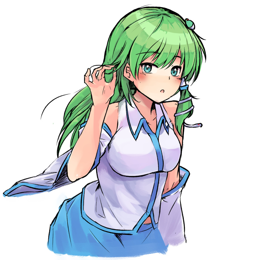 1girl blue_skirt blush breasts contrapposto cowboy_shot cropped_legs detached_sleeves eyebrows_visible_through_hair frog_hair_ornament ginnkei green_hair hair_ornament hair_tubes highres kochiya_sanae long_hair looking_at_viewer parted_lips shirt simple_background skirt solo touhou white_background white_shirt wing_collar