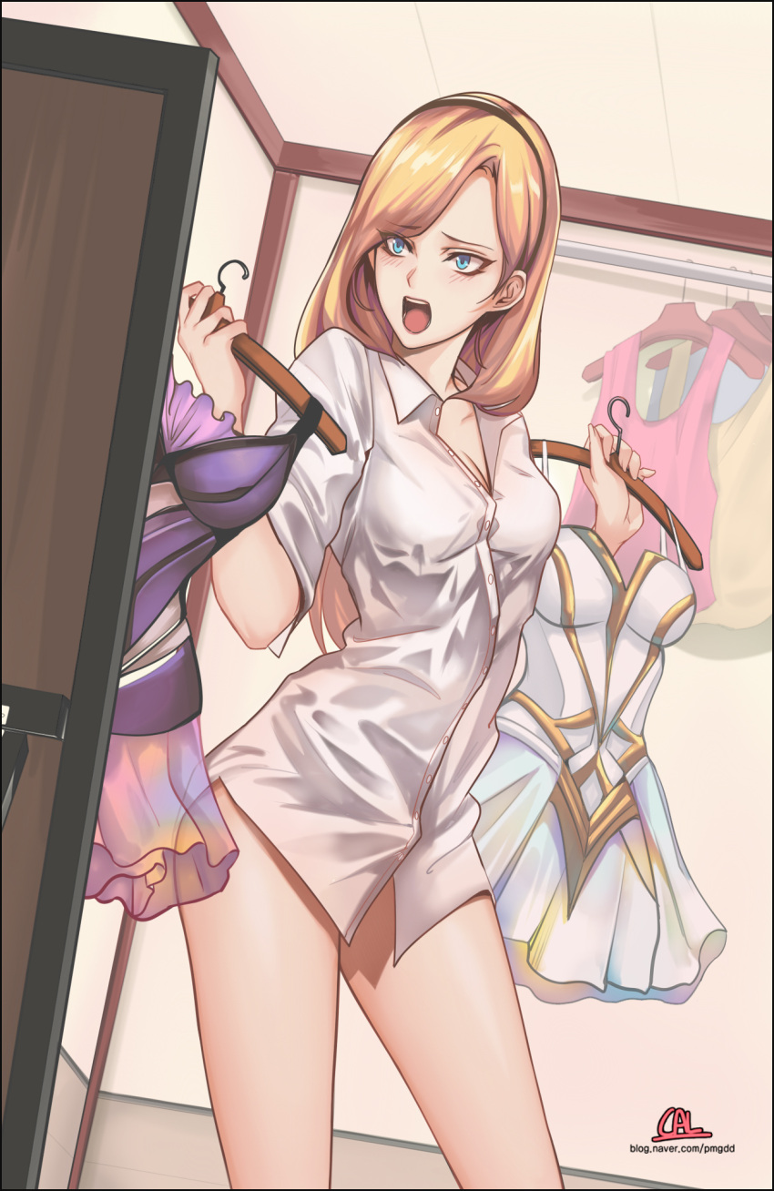 1girl aqua_eyes bangs black_hairband blonde_hair blue_eyes bottomless breasts buttons cal_(pmgdd) choice clothes_hanger cowboy_shot dark_elementalist_lux dress elementalist_lux fitting_room hairband highres holding indoors league_of_legends light_elementalist_lux long_hair long_sleeves looking_at_mirror luxanna_crownguard mirror no_pants open_mouth parted_bangs purple_dress revision shirt signature sleeveless sleeveless_dress small_breasts solo watermark web_address white_dress white_shirt