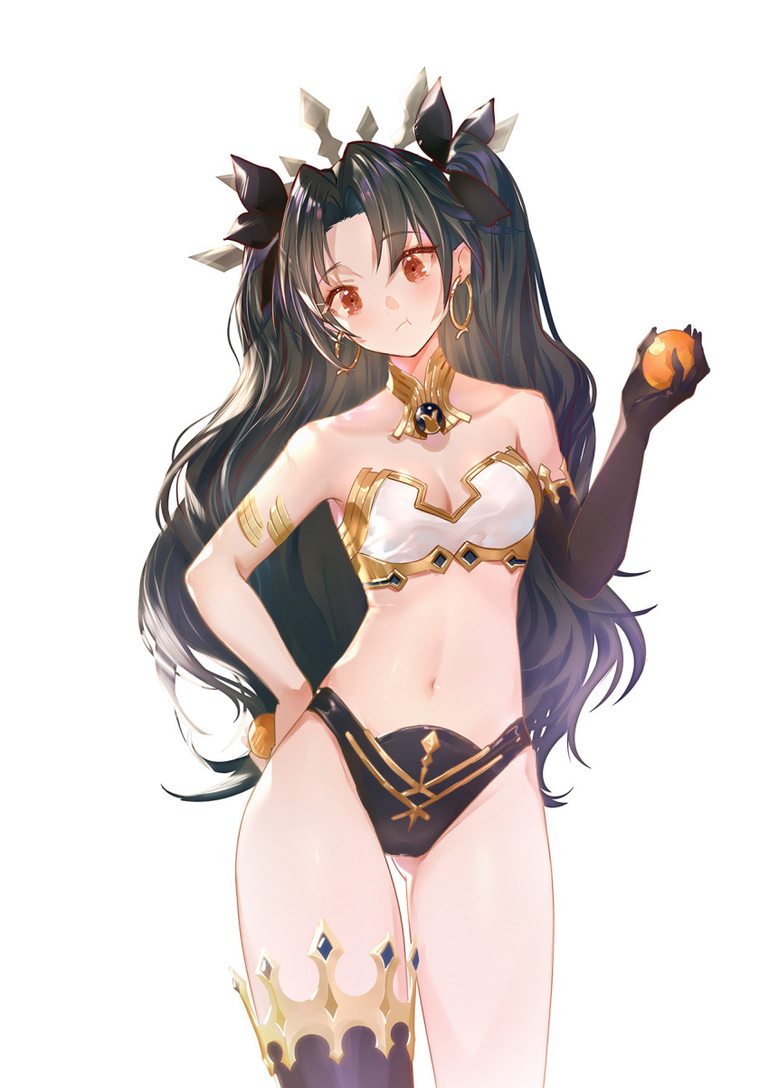 1girl asymmetrical_legwear asymmetrical_sleeves bangs bare_shoulders black_hair blush breasts commentary_request crown detached_collar earrings elbow_gloves eyebrows_visible_through_hair fate/grand_order fate_(series) gloves hair_ribbon highres holding hoop_earrings ishtar_(fate)_(all) ishtar_(fate/grand_order) jewelry long_hair looking_at_viewer medium_breasts navel orry parted_bangs red_eyes ribbon simple_background single_elbow_glove single_thighhigh solo thigh-highs two_side_up white_background