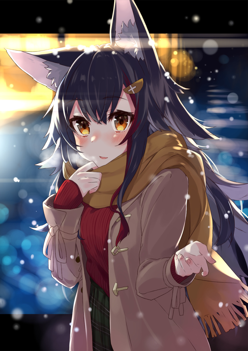1girl :d alternate_costume animal_ear_fluff animal_ears black_hair breath coat highlights highres hololive long_hair long_sleeves looking_at_viewer multicolored_hair nuko_miruku ookami_mio open_clothes open_coat open_mouth orange_eyes plaid plaid_skirt redhead scarf skirt smile snowing sweater virtual_youtuber wolf_ears