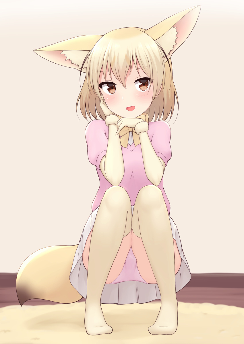 1girl :d absurdres animal_ear_fluff animal_ears bangs blonde_hair bow bowtie brown_eyes commentary elbow_gloves extra_ears fennec_(kemono_friends) fox_ears full_body gloves hair_between_eyes highres indoors kemono_friends looking_at_viewer no_shoes open_mouth panties pantyshot pantyshot_(squatting) pink_panties pink_shirt pleated_skirt shiraha_maru shirt short_hair short_sleeves skirt smile solo squatting thigh-highs underwear white_skirt yellow_legwear yellow_neckwear