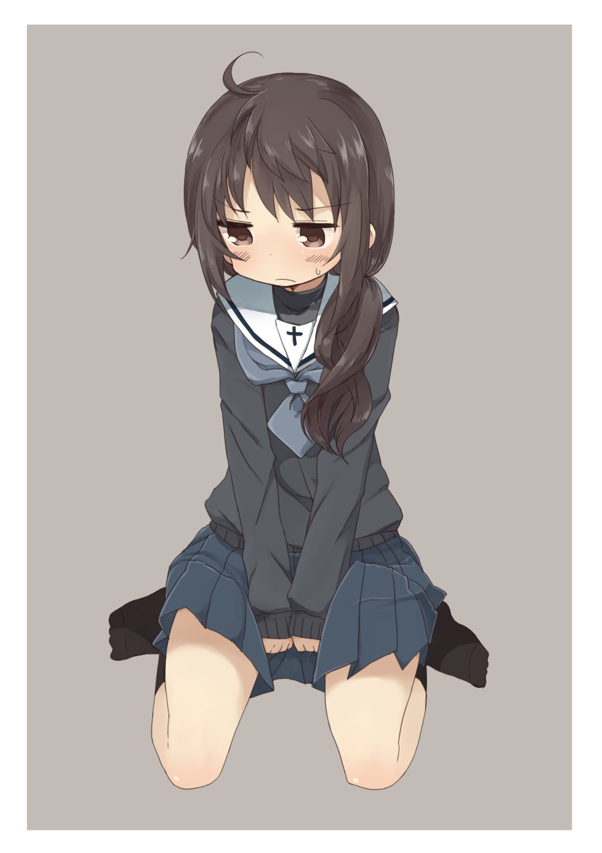 1girl absurdres ahoge black_legwear black_shirt black_sweater blue_skirt blush brown_eyes brown_hair cardigan closed_mouth commentary frown full_body grey_background grey_neckwear hair_over_one_eye highres long_hair miniskirt neckerchief original pan_koujou pleated_skirt school_uniform serafuku shirt sitting skirt socks solo sweatdrop sweater v_arms wariza