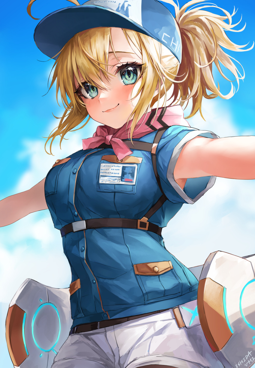 1girl absurdres ahoge alternate_costume aqua_eyes armpit_peek artoria_pendragon_(all) bangs baseball_cap blonde_hair blue_headwear blue_shirt blue_sky blush breasts closed_mouth cowboy_shot day eyelashes fate/grand_order fate_(series) hat highres id_card ishita_umi large_breasts looking_at_viewer machinery mysterious_heroine_xx_(foreigner) outdoors outstretched_arms pink_scarf ponytail scarf shirt short_hair shorts sidelocks sky smile solo underbust white_shorts