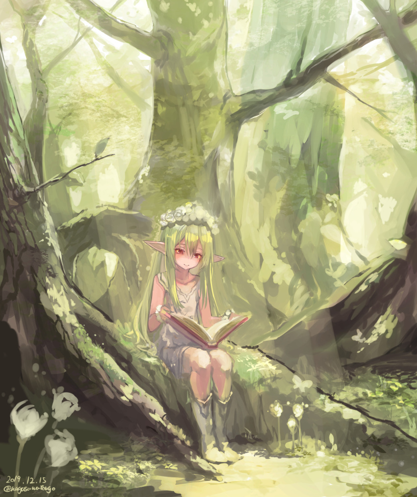 1girl bangs blush book boots dated day dress elf flower forest green_hair hair_between_eyes head_wreath highres holding holding_book long_hair nagasawa_tougo nature original outdoors pointy_ears red_eyes sidelocks sitting smile solo tree twitter_username white_dress white_flower