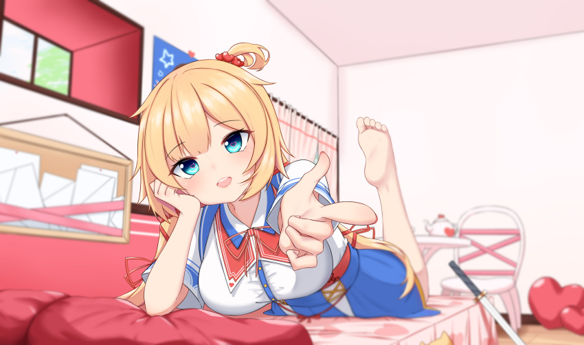 1girl absurdres akai_haato anhun arm_support bangs bare_legs barefoot bedroom blonde_hair blue_eyes blue_skirt blurry breasts chair collared_shirt curtains depth_of_field finger_gun foreshortening haaton_(haato_channel) hair_ornament hair_ribbon hair_scrunchie head_tilt heart heart_in_eye heart_pillow heart_print high-waist_skirt highres hololive indoors katana large_breasts long_hair looking_at_viewer low_twintails lying neck_ribbon on_bed on_stomach one_side_up open_mouth pillow pointing pointing_at_viewer pov red_ribbon ribbon scrunchie shirt sidelocks skirt smile soles solo stuffed_animal stuffed_toy sword symbol_commentary symbol_in_eye table teapot the_pose twintails upper_teeth virtual_youtuber weapon white_shirt window