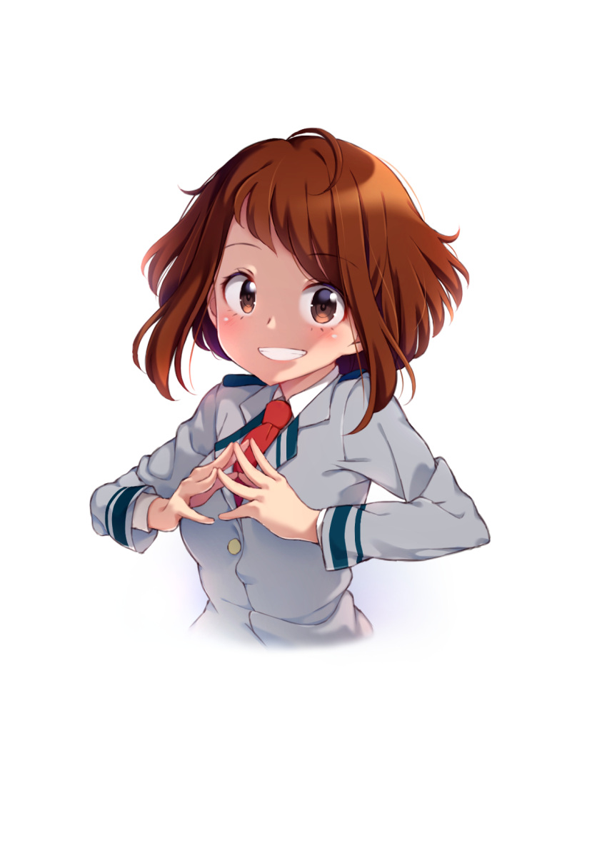 1girl blush boku_no_hero_academia breasts brown_eyes brown_hair commentary highres large_breasts long_sleeves looking_at_viewer open_mouth school_uniform short_hair simple_background smile solo u.a._school_uniform upper_body uraraka_ochako white_background