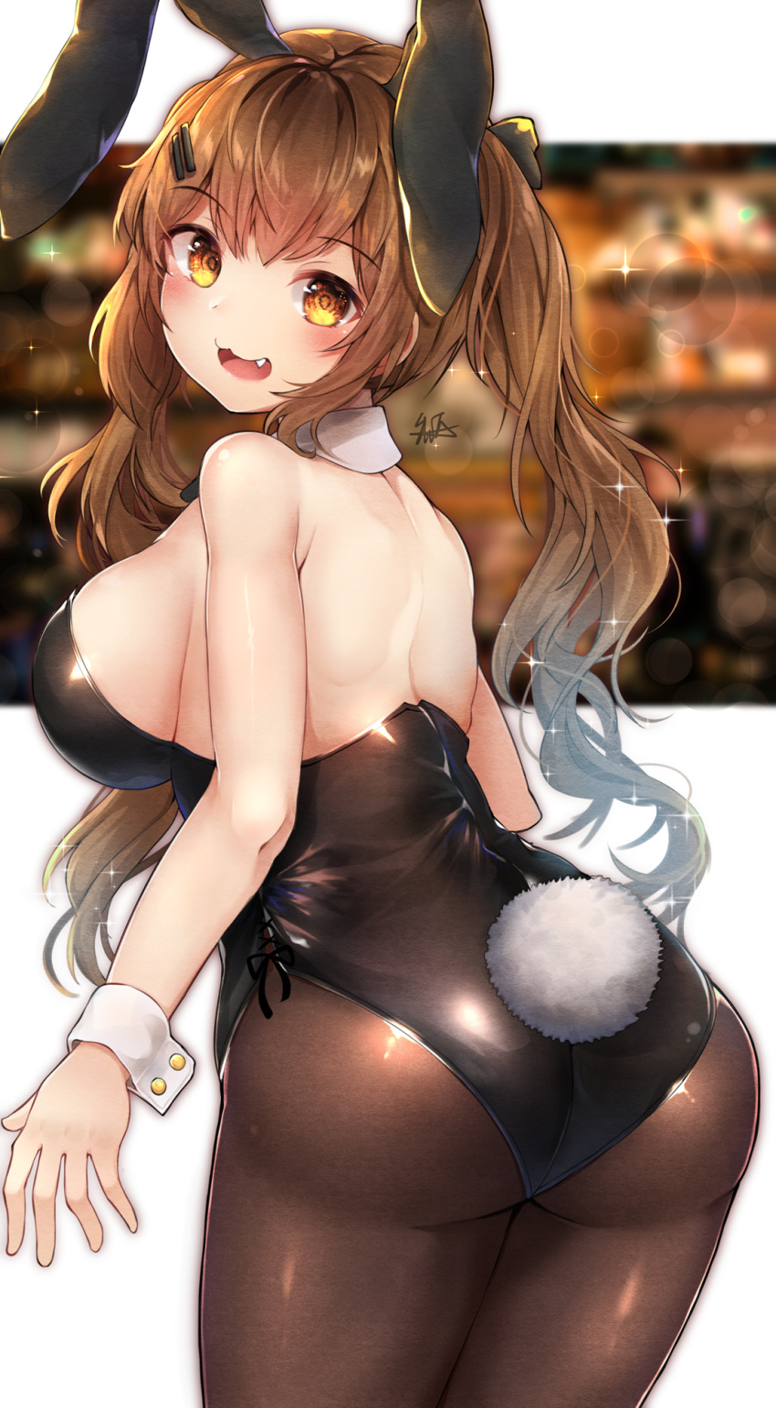 1girl :3 :d animal_ears ass back bare_shoulders black_leotard blurry bokeh breasts brown_hair brown_legwear bunny_girl bunny_tail cowboy_shot depth_of_field detached_collar fang fine_fabric_emphasis from_behind girls_frontline hair_ornament hairclip head_tilt highres hiromaster_sinta_jh large_breasts leaning_forward lens_flare leotard long_hair looking_at_viewer looking_back open_mouth orange_eyes pantyhose rabbit_ears smile solo sparkle standing tail twintails ump9_(girls_frontline) wrist_cuffs