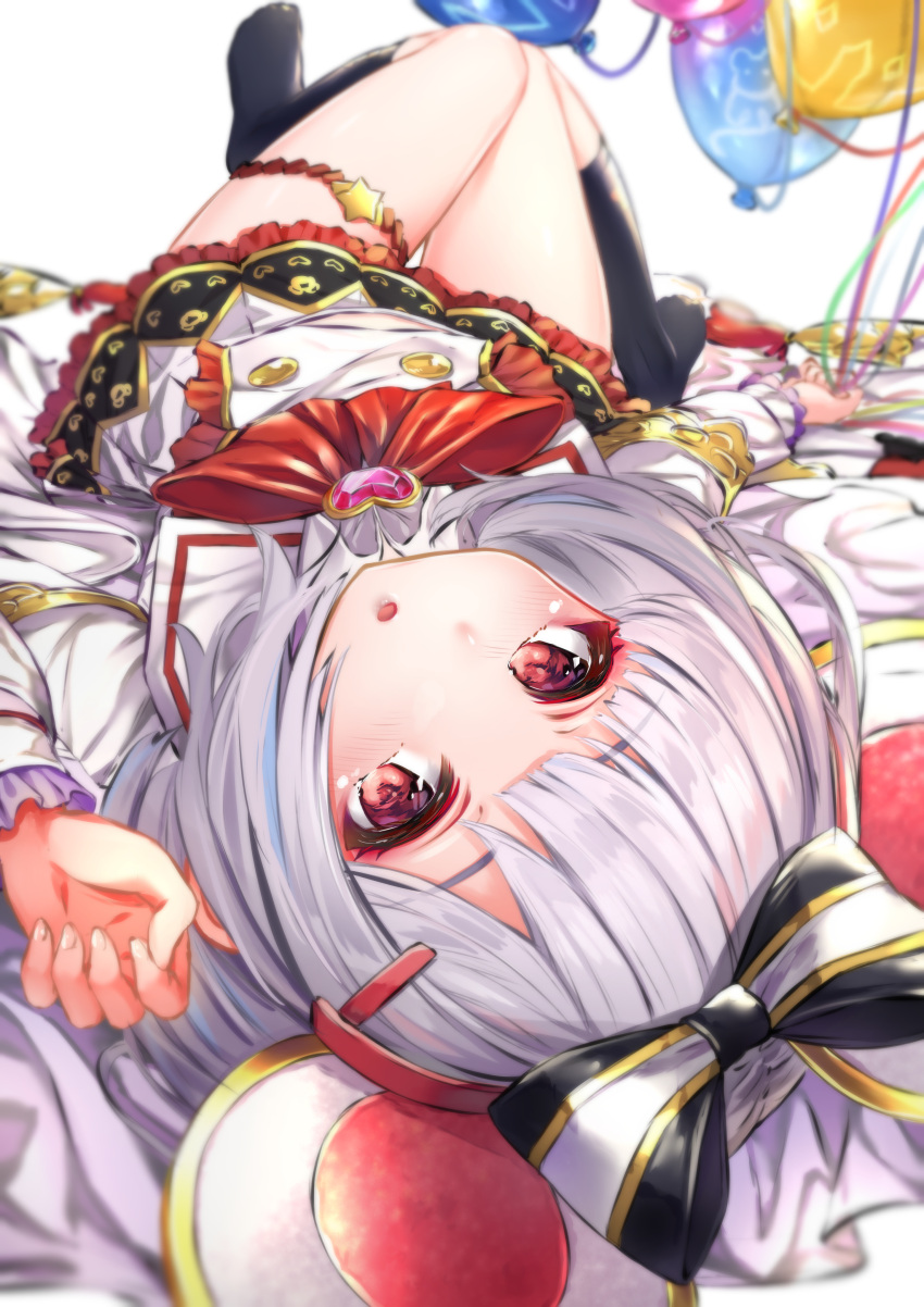 1girl absurdres animal_ears balloon bow granblue_fantasy grey_hair hair_bow highres hyouta_(yoneya) kneehighs loli lying on_back open_mouth red_eyes silver_hair uniform vikala_(granblue_fantasy)