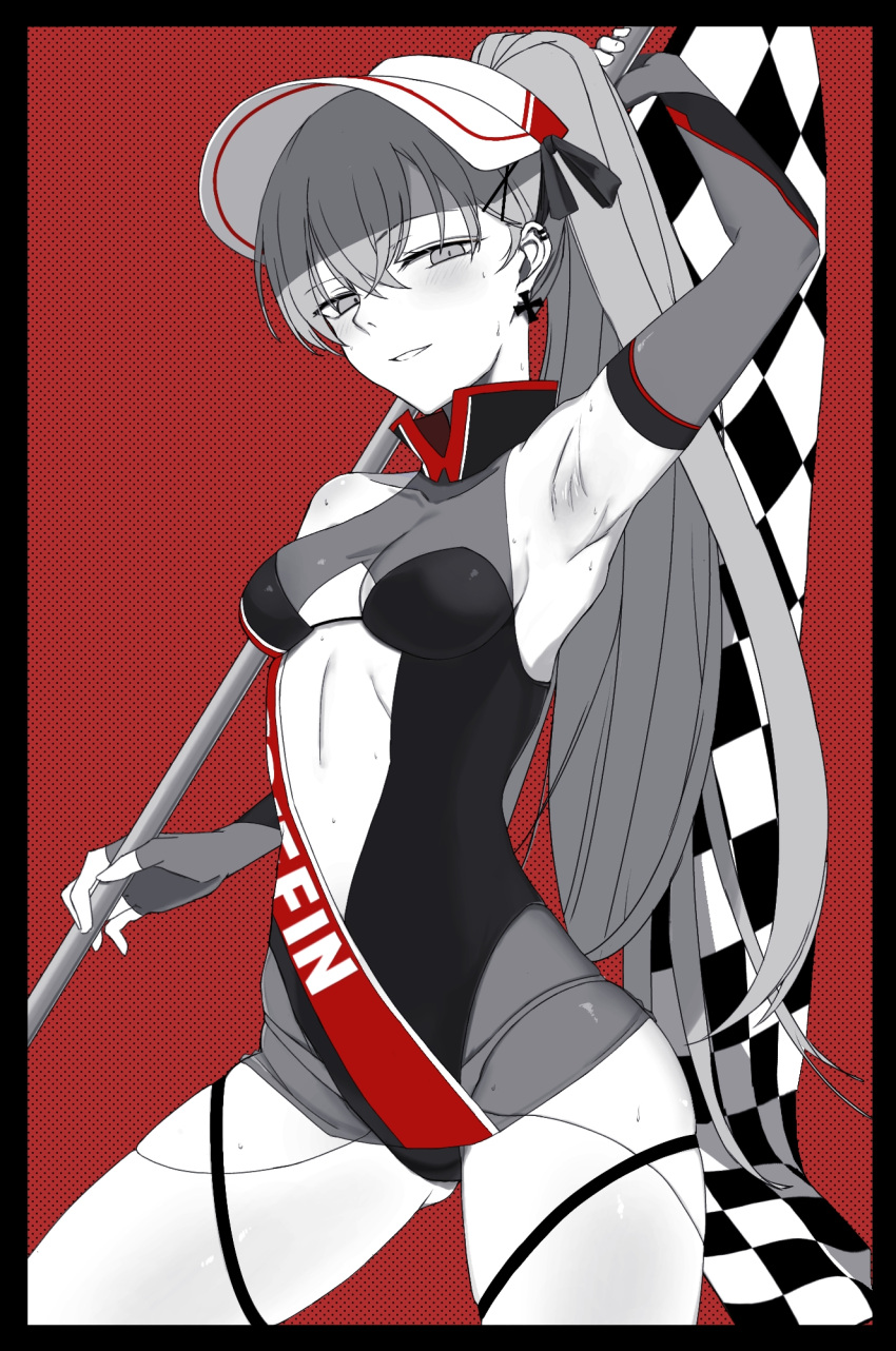 1girl alternate_costume arm_behind_head armpits bangs blush border breasts center_opening checkered checkered_flag clothes_writing contrapposto cowboy_shot cross cross_earrings cyril_m45 earrings elbow_gloves eyebrows_visible_through_hair fingerless_gloves flag girls_frontline gloves hair_between_eyes half-closed_eyes highres holding holding_flag iron_cross jewelry long_hair looking_at_viewer monochrome multiple_piercings parted_lips ponytail ppk_(girls_frontline) racequeen ribbon skindentation small_breasts smile solo thigh_strap thighs very_long_hair visor_cap