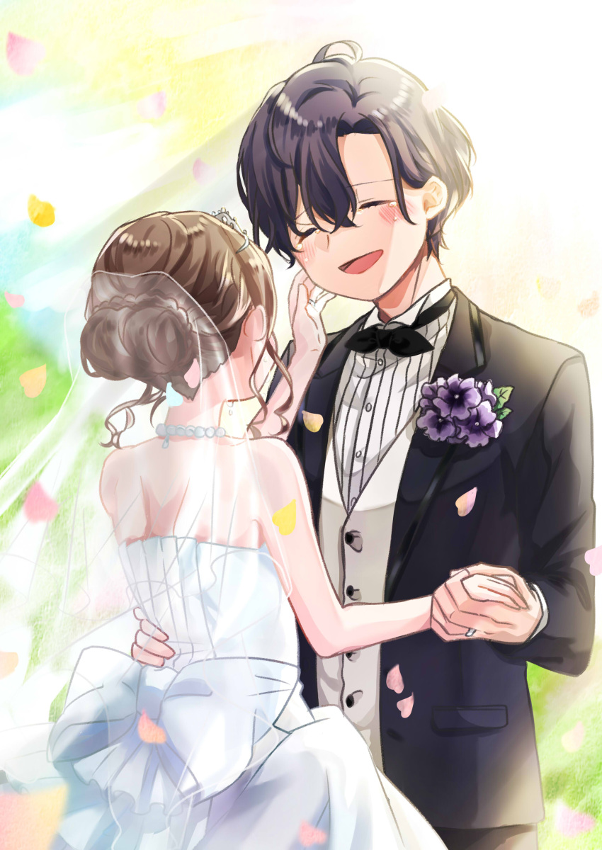 1boy 1girl :d absurdres bare_shoulders black_hair black_suit bow bowtie braid braided_bun brown_hair closed_eyes corsage day dress facing_another formal hetero highres holding_hands izumi_rei_(stand_my_heroes) jewelry miyase_gou necklace open_mouth outdoors petals ponzunabe_001 ring smile stand_my_heroes standing suit tears tiara veil wedding_dress white_dress