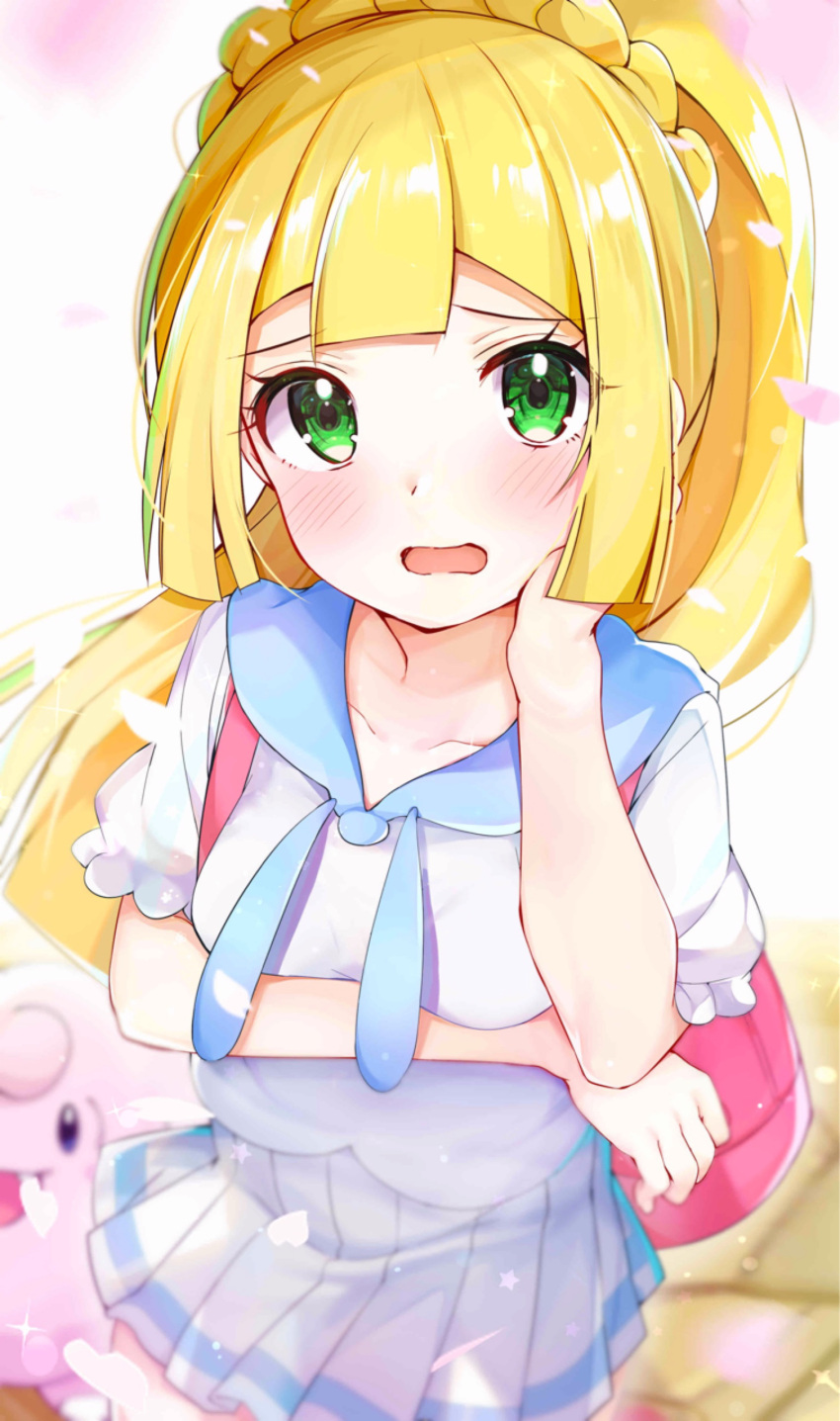 1girl absurdres backpack bag bangs blonde_hair blurry blush braid breast_hold breasts clefairy collarbone commentary_request cowboy_shot depth_of_field gen_1_pokemon green_eyes green_hair hand_on_own_cheek hand_up highres lillie_(pokemon) long_hair looking_at_viewer miniskirt multicolored_hair open_mouth petals pleated_skirt pokemon pokemon_(creature) pokemon_(game) pokemon_usum ponytail rouka_(akatyann) short_sleeves skirt small_breasts solo_focus streaked_hair very_long_hair white_skirt