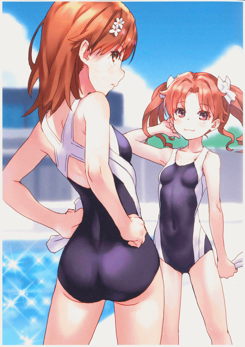 2girls :3 absurdres ass bangs bare_arms bare_shoulders black_swimsuit blue_sky blurry blurry_background blush bow breasts brown_hair closed_mouth clouds collarbone covered_navel day depth_of_field eyebrows_visible_through_hair hair_bow hand_up hands_on_hips highres misaka_mikoto multiple_girls one-piece_swimsuit outdoors parted_bangs raika9 red_eyes scan shirai_kuroko sky small_breasts swimsuit to_aru_kagaku_no_railgun to_aru_majutsu_no_index twintails water white_bow